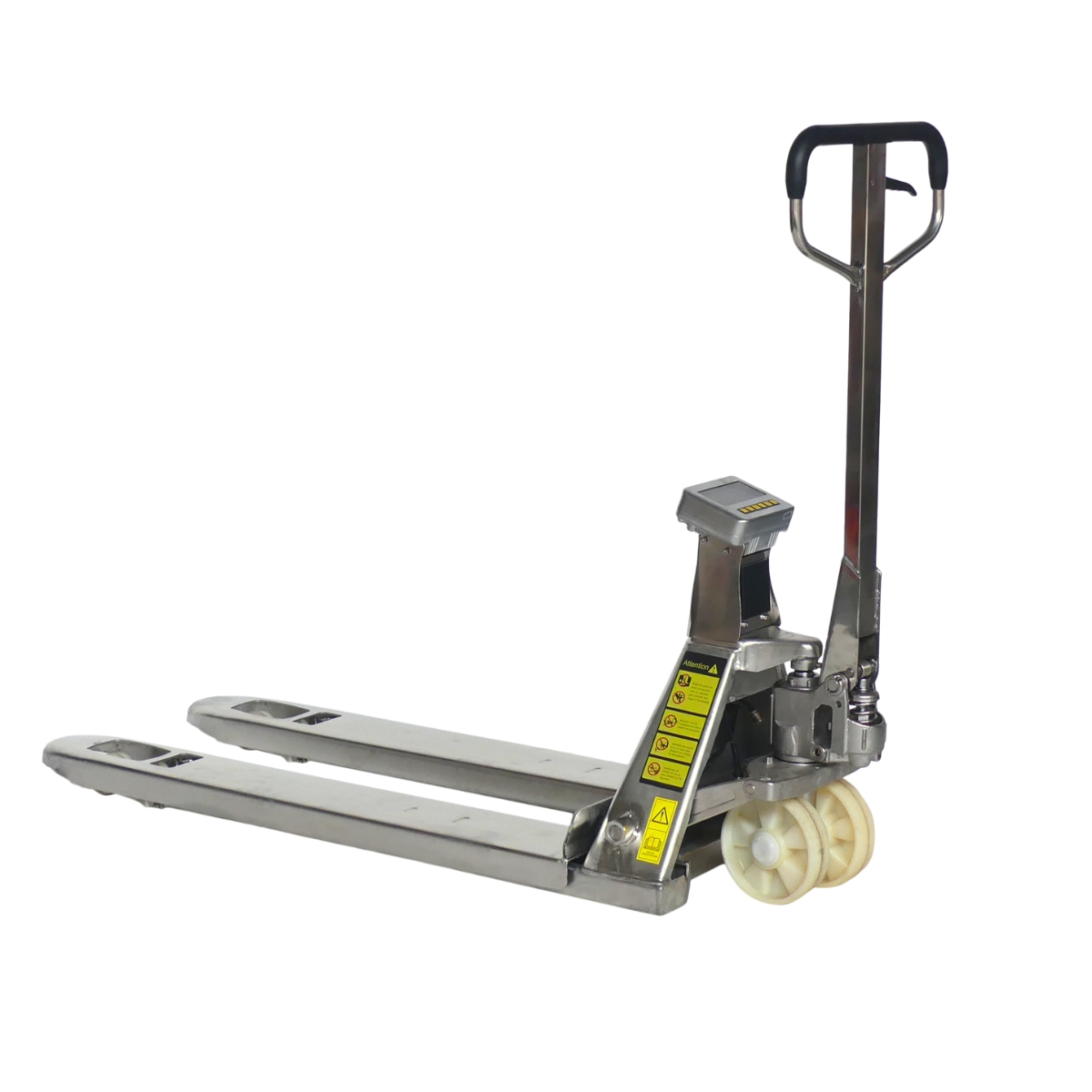 Vue de 3/4 du transpalette peseur inox 304 2000kg